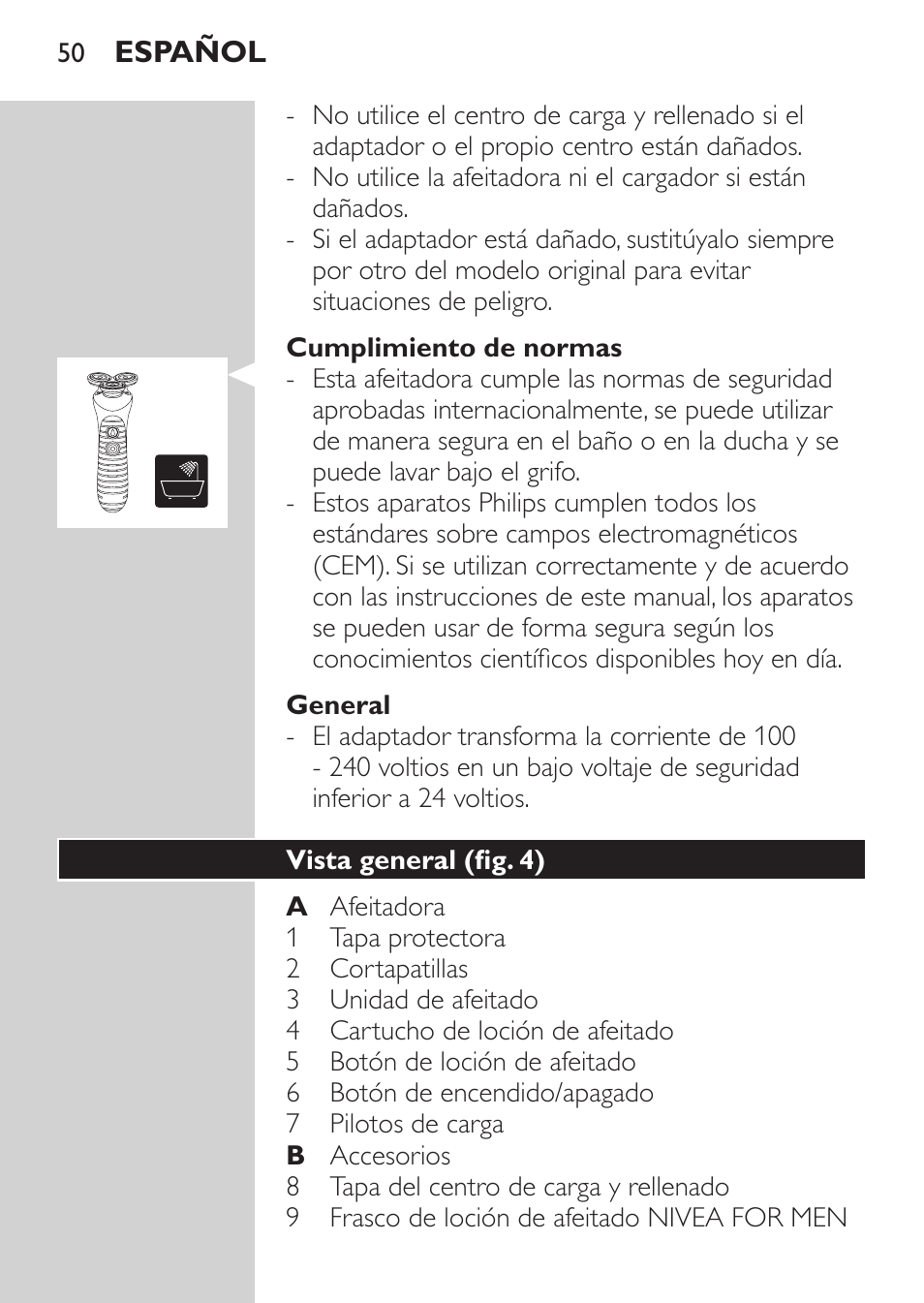 Cumplimiento de normas, General, Vista general (fig. 4) | Philips Afeitadora NIVEA FOR MEN User Manual | Page 48 / 180