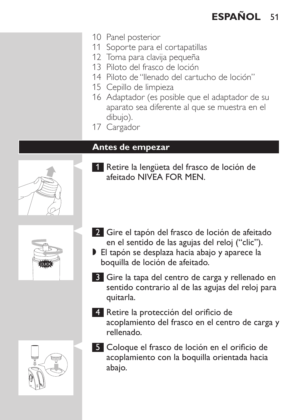 Antes de empezar | Philips Afeitadora NIVEA FOR MEN User Manual | Page 49 / 180