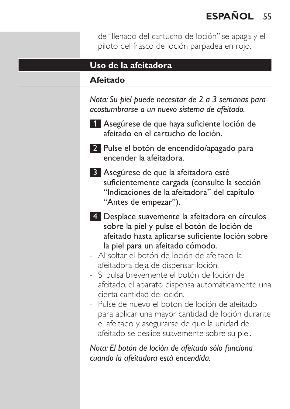 Uso de la afeitadora, Afeitado | Philips Afeitadora NIVEA FOR MEN User Manual | Page 53 / 180