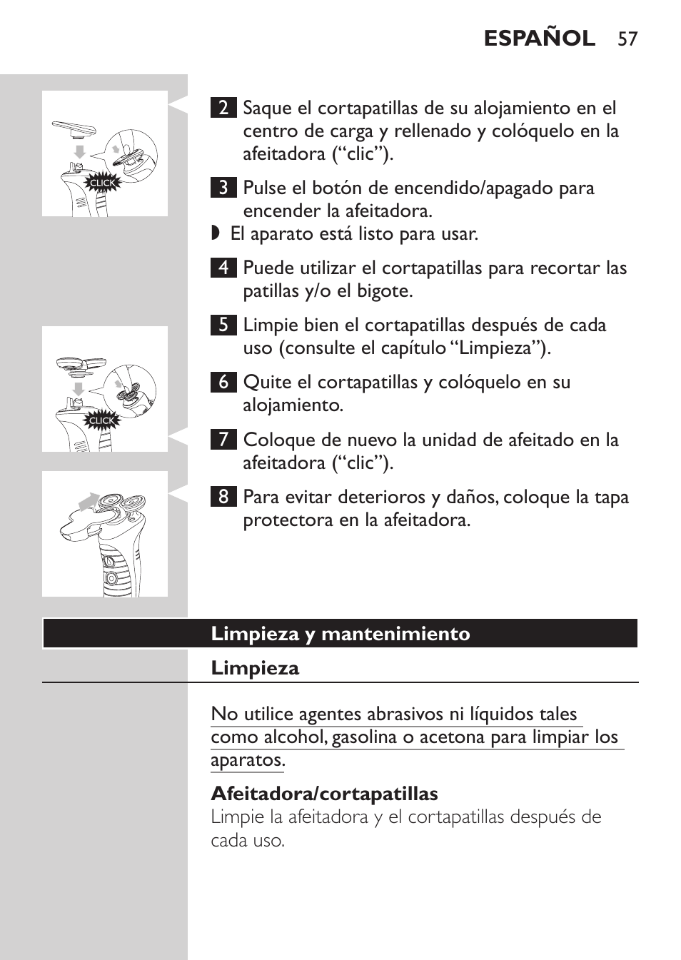 Limpieza y mantenimiento, Limpieza, Afeitadora/cortapatillas | Philips Afeitadora NIVEA FOR MEN User Manual | Page 55 / 180