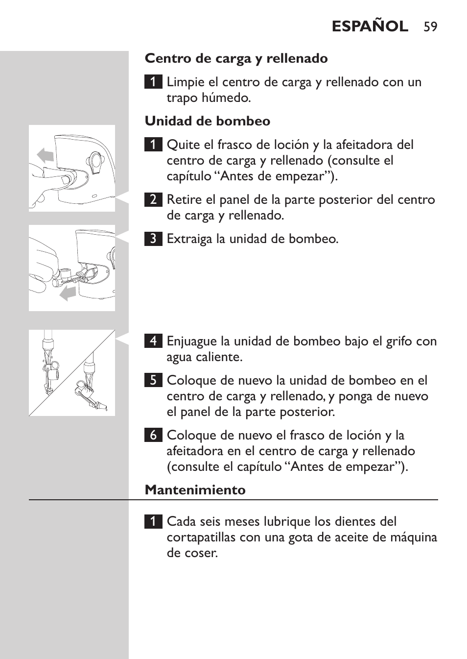 Unidad de bombeo, Mantenimiento, Almacenamiento y transporte | Almacenamiento | Philips Afeitadora NIVEA FOR MEN User Manual | Page 57 / 180