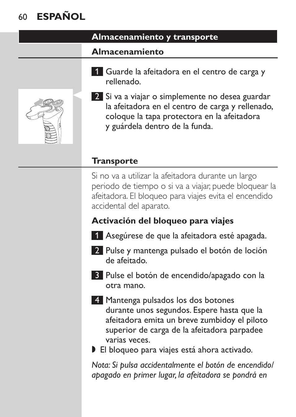 Transporte, Activación del bloqueo para viajes | Philips Afeitadora NIVEA FOR MEN User Manual | Page 58 / 180