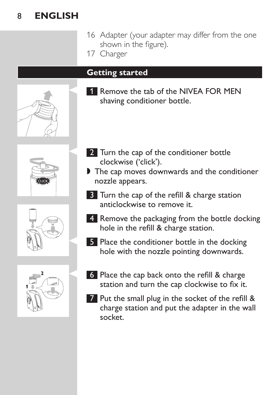 Getting started | Philips Afeitadora NIVEA FOR MEN User Manual | Page 6 / 180