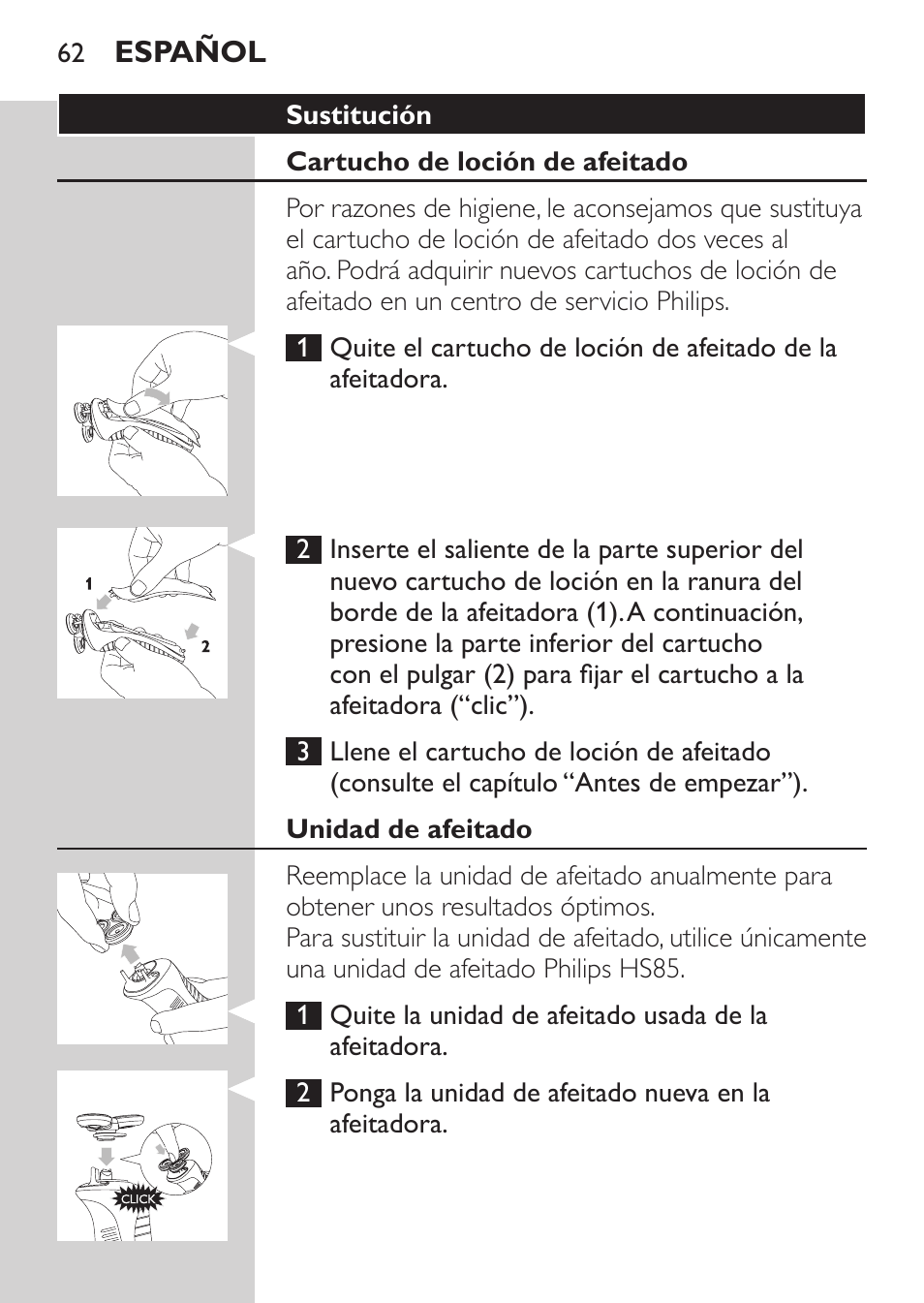 Unidad de afeitado, Frasco de loción de afeitado nivea for men | Philips Afeitadora NIVEA FOR MEN User Manual | Page 60 / 180