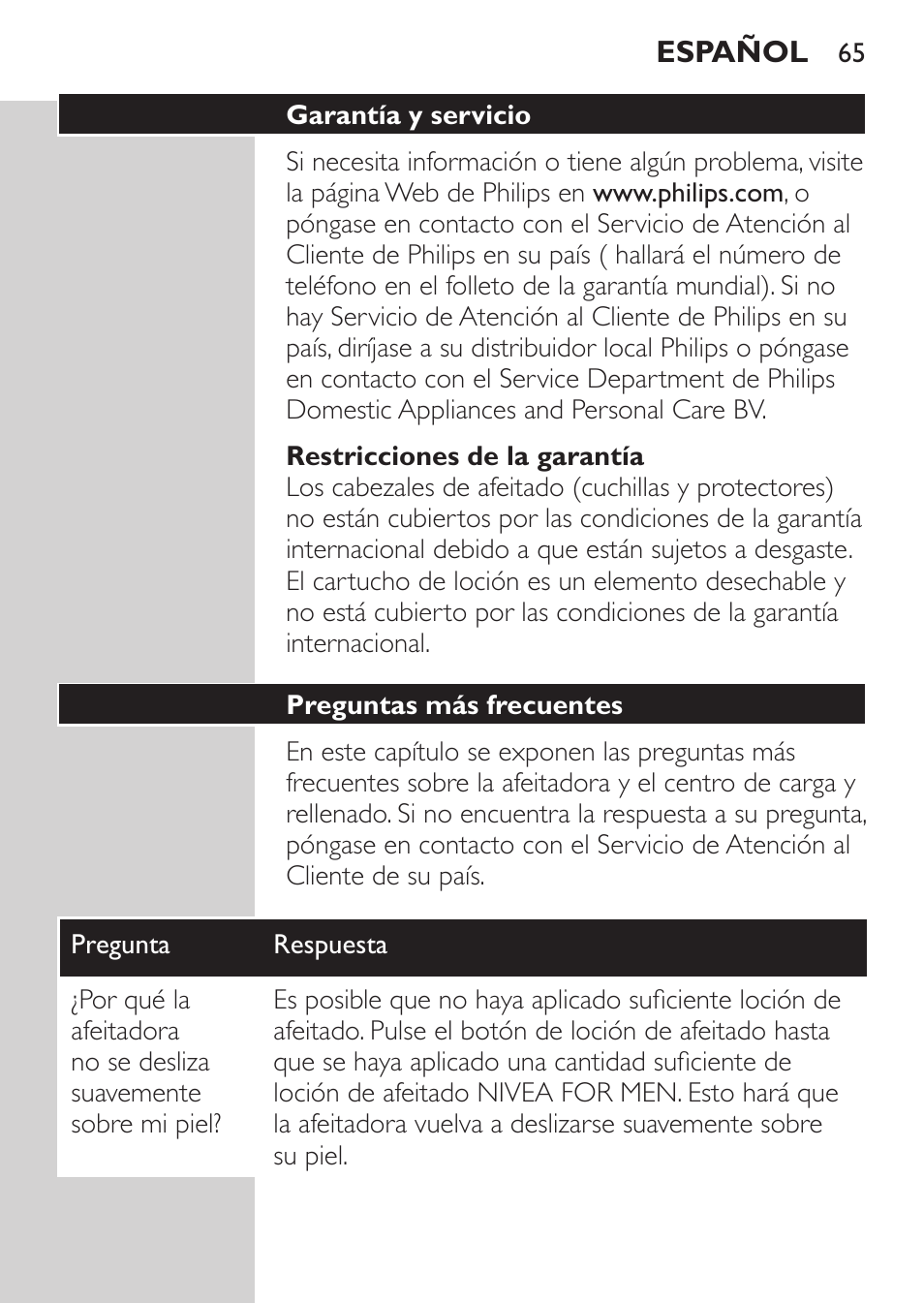 Restricciones de la garantía, Preguntas más frecuentes | Philips Afeitadora NIVEA FOR MEN User Manual | Page 63 / 180