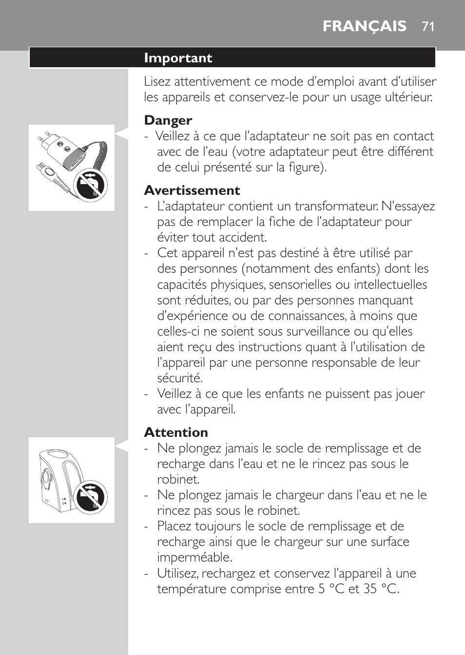 Danger, Avertissement, Attention | Français, Important | Philips Afeitadora NIVEA FOR MEN User Manual | Page 69 / 180