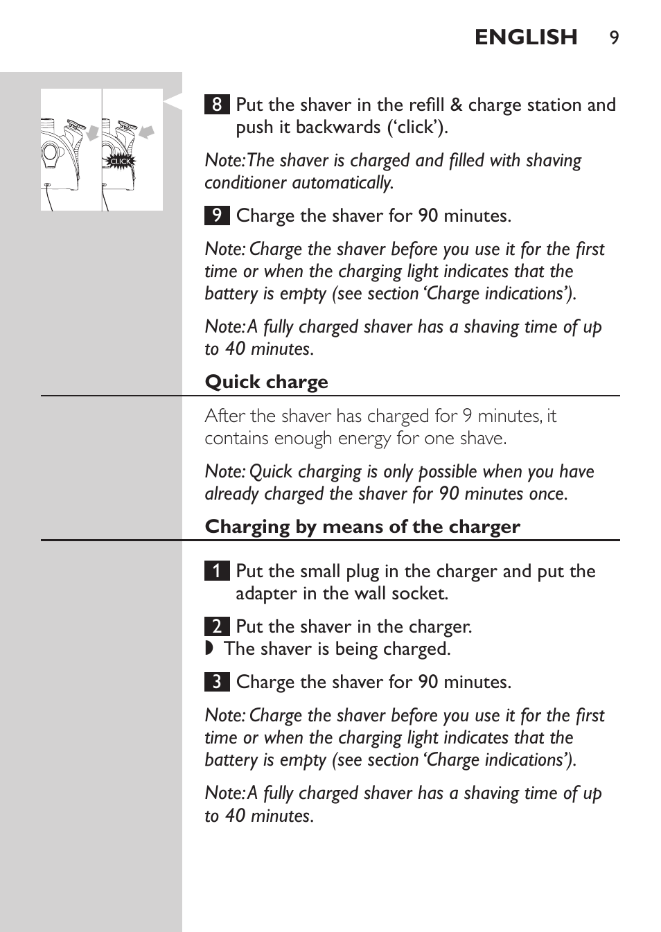 Quick charge, Charging by means of the charger | Philips Afeitadora NIVEA FOR MEN User Manual | Page 7 / 180