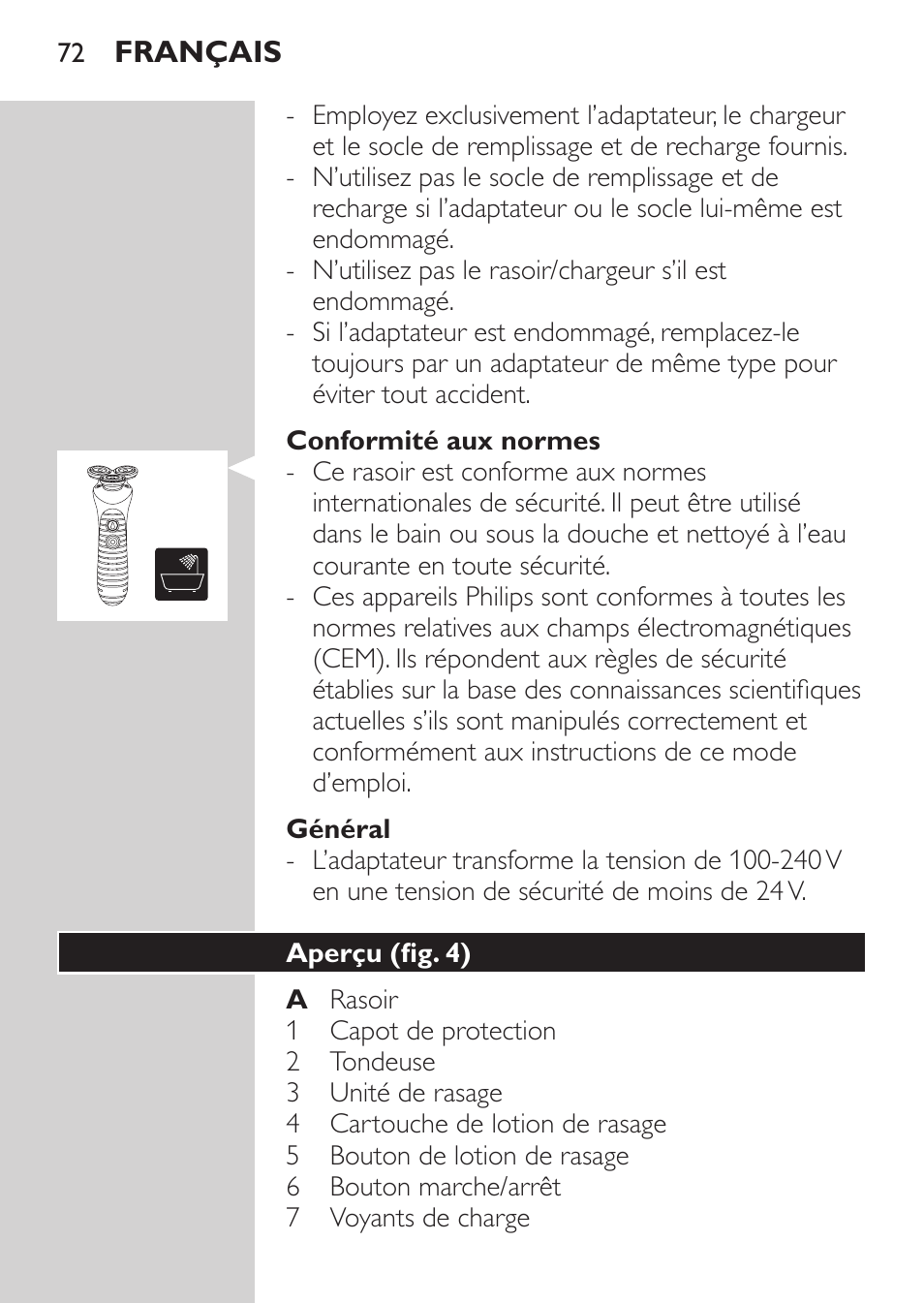 Conformité aux normes, Général, Aperçu (fig. 4) | Philips Afeitadora NIVEA FOR MEN User Manual | Page 70 / 180