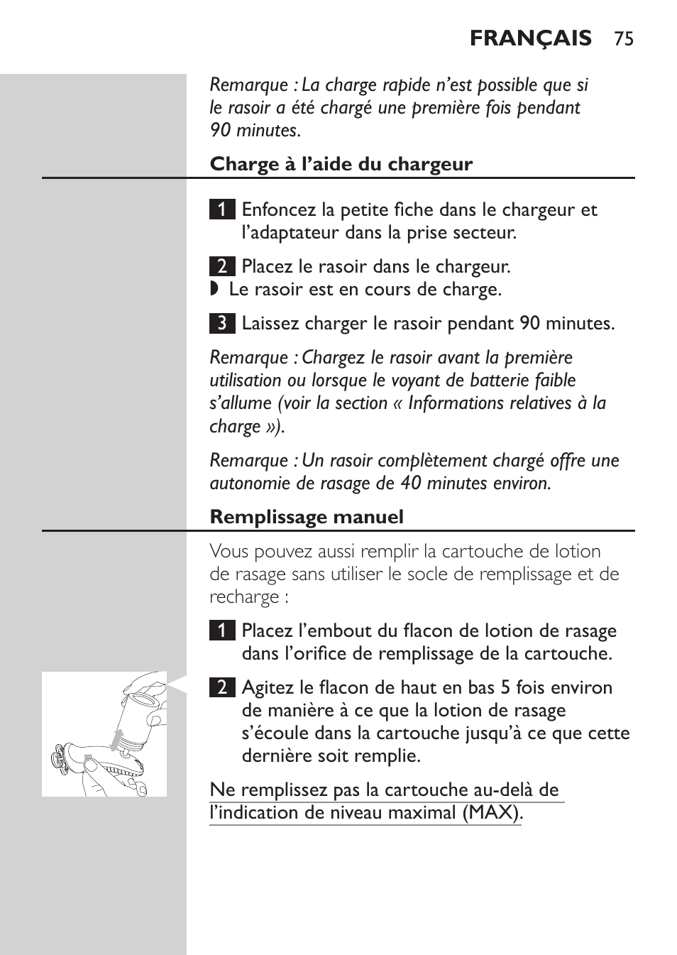Charge à l’aide du chargeur, Remplissage manuel | Philips Afeitadora NIVEA FOR MEN User Manual | Page 73 / 180