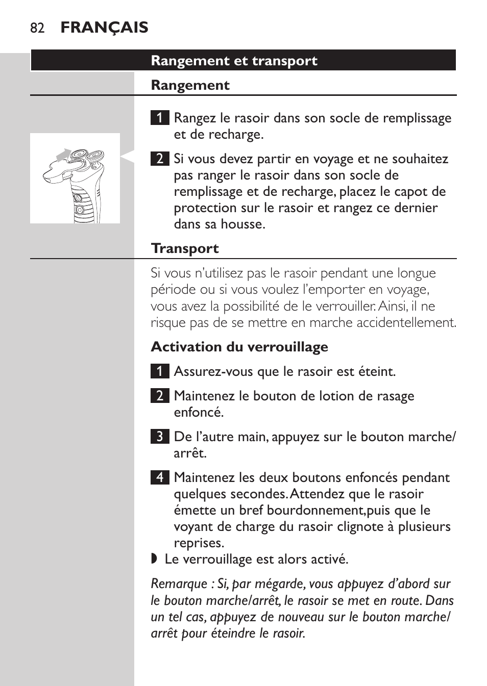 Entretien, Rangement et transport, Rangement | Transport, Activation du verrouillage | Philips Afeitadora NIVEA FOR MEN User Manual | Page 80 / 180