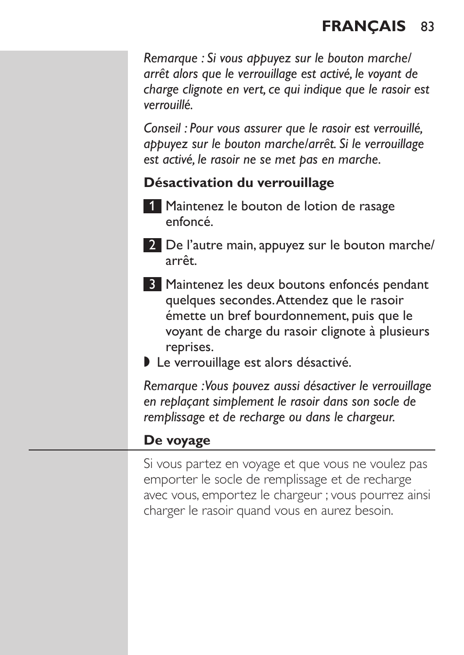 Désactivation du verrouillage, De voyage | Philips Afeitadora NIVEA FOR MEN User Manual | Page 81 / 180