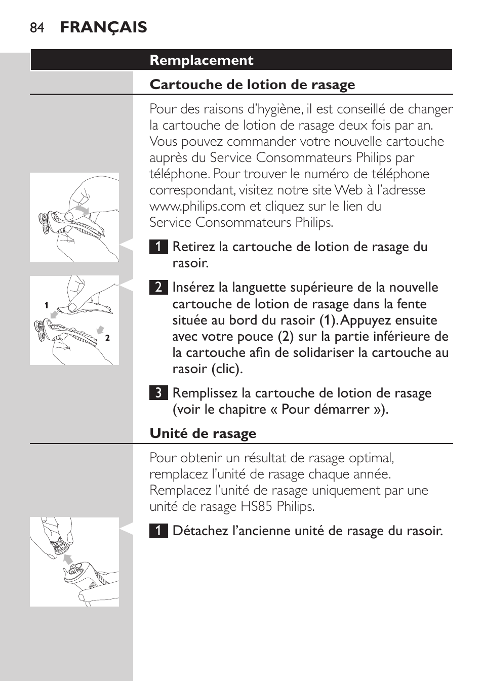 Remplacement, Cartouche de lotion de rasage, Unité de rasage | Philips Afeitadora NIVEA FOR MEN User Manual | Page 82 / 180