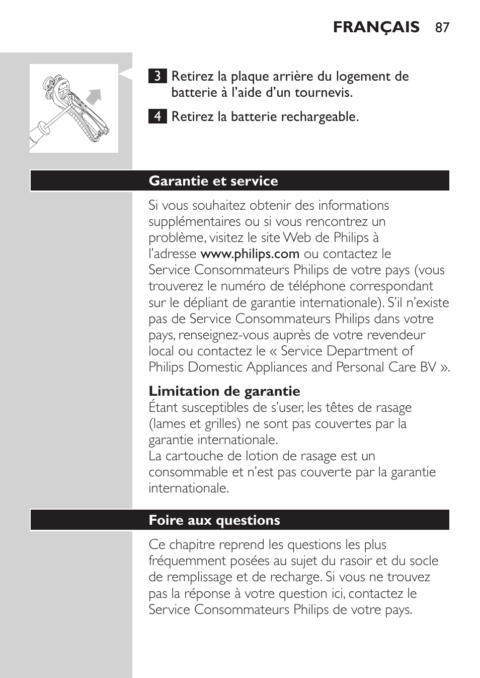 Limitation de garantie, Garantie et service, Foire aux questions | Philips Afeitadora NIVEA FOR MEN User Manual | Page 85 / 180