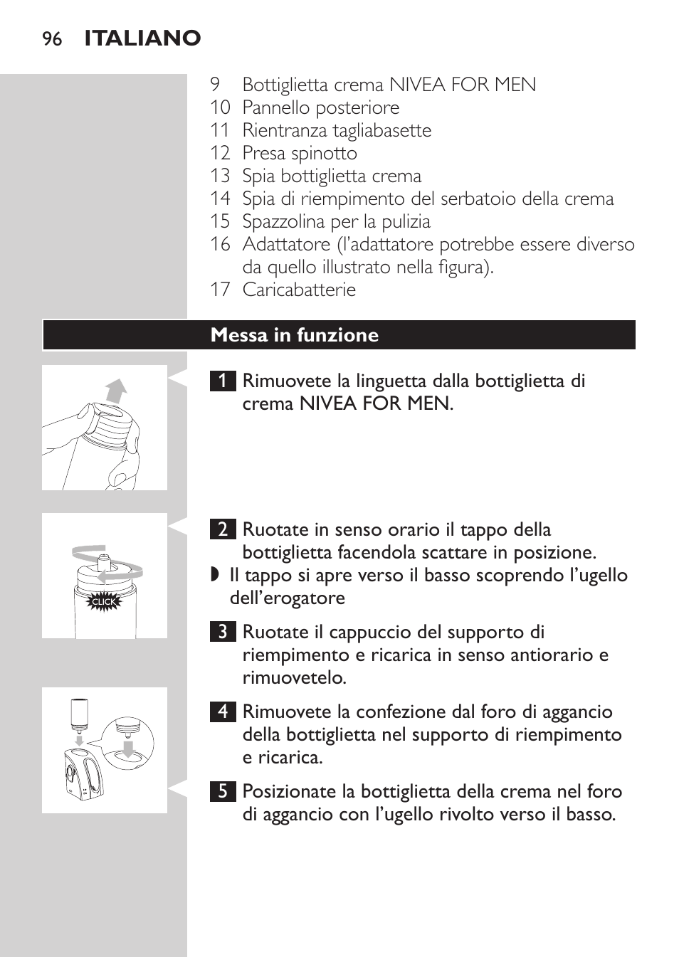 Messa in funzione | Philips Afeitadora NIVEA FOR MEN User Manual | Page 94 / 180