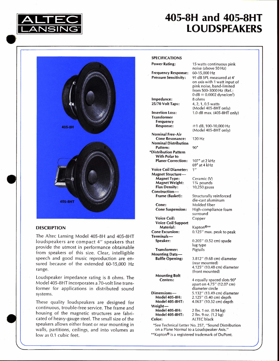 Altec Lansing 405-8H User Manual | 2 pages