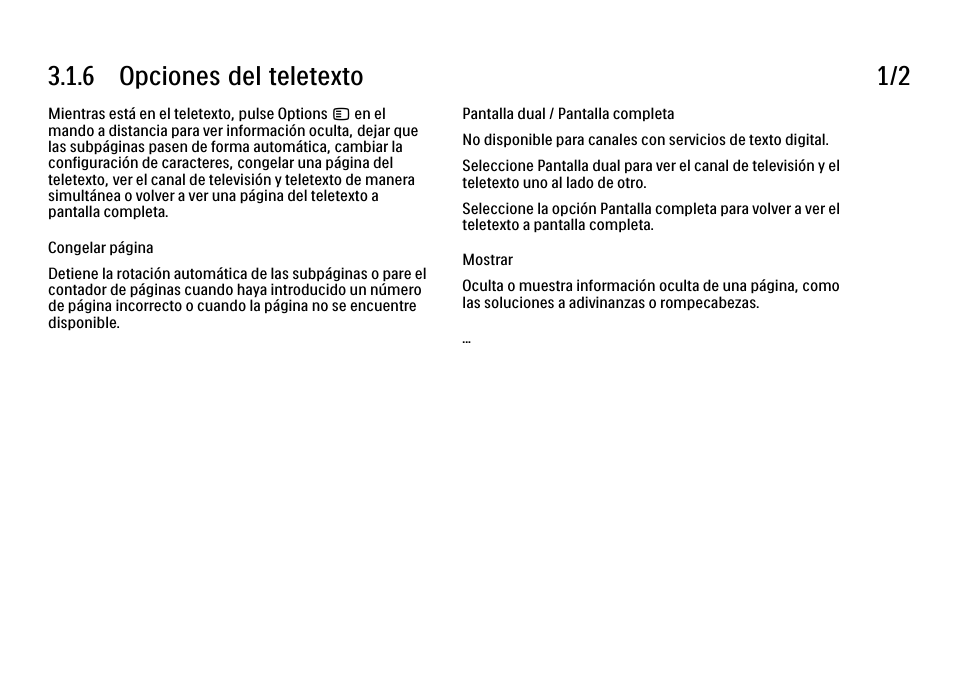 6 opciones, 6 opciones del teletexto 1/2 | Philips Cinema 21:9 TV LCD User Manual | Page 136 / 280