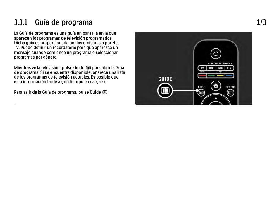 3 guía de programa, 1 encendido, 1 guía de programa 1/3 | Philips Cinema 21:9 TV LCD User Manual | Page 141 / 280