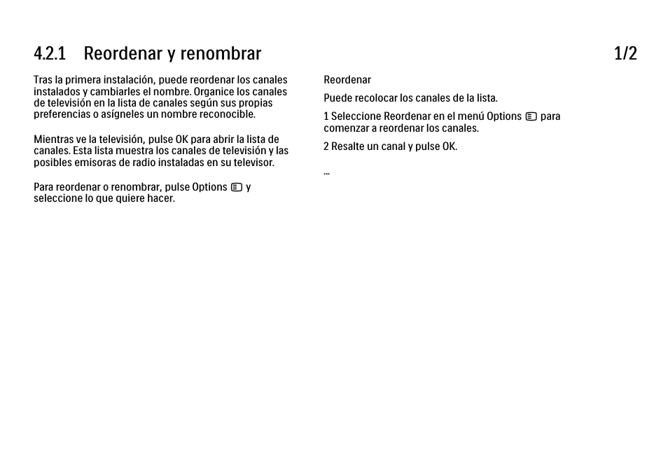 2 canales, 1 reordenar y renombrar, 1 reordenar y renombrar 1/2 | Philips Cinema 21:9 TV LCD User Manual | Page 169 / 280