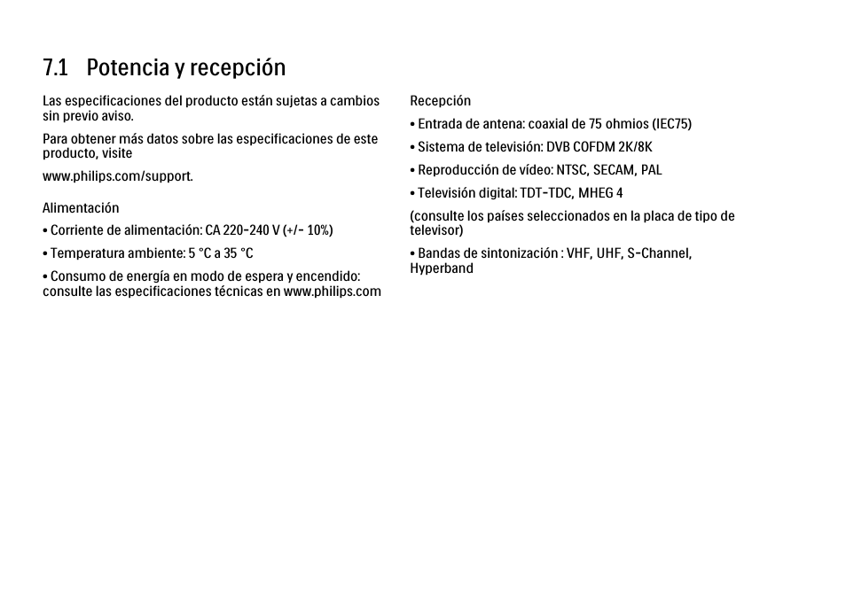 7 datos técnicos, 1 potencia y recepción | Philips Cinema 21:9 TV LCD User Manual | Page 268 / 280