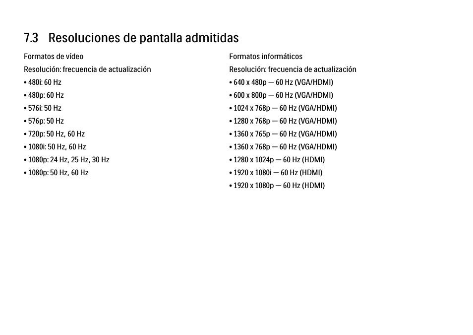 3 resoluciones de pantalla, 3 resoluciones de pantalla admitidas | Philips Cinema 21:9 TV LCD User Manual | Page 270 / 280