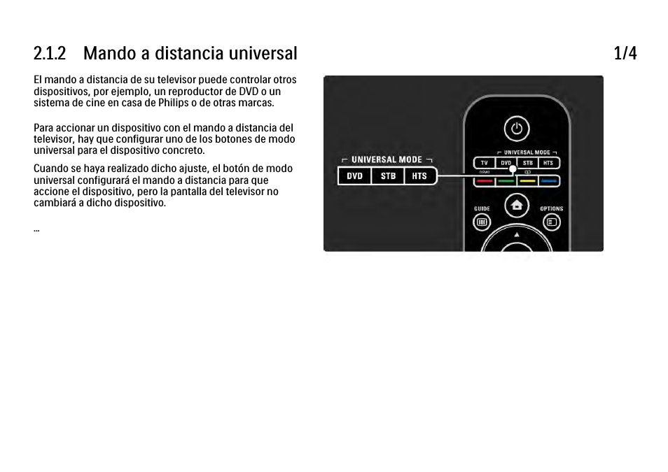 2 configuración del mando a distancia universal, 2 mando a distancia universal 1/4 | Philips Cinema 21:9 TV LCD User Manual | Page 54 / 280