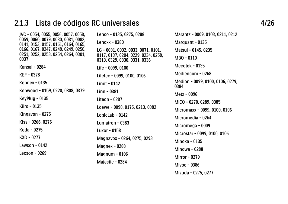 3 lista de códigos rc universales 4/26 | Philips Cinema 21:9 TV LCD User Manual | Page 61 / 280