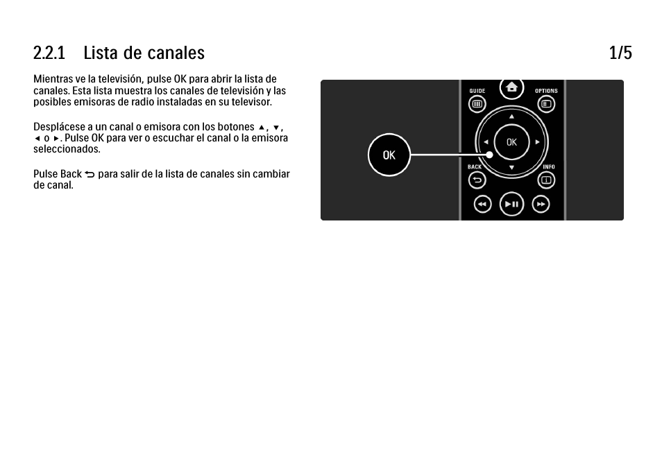 2 menús, 1 lista de canales, 1 lista de canales 1/5 | Philips Cinema 21:9 TV LCD User Manual | Page 85 / 280