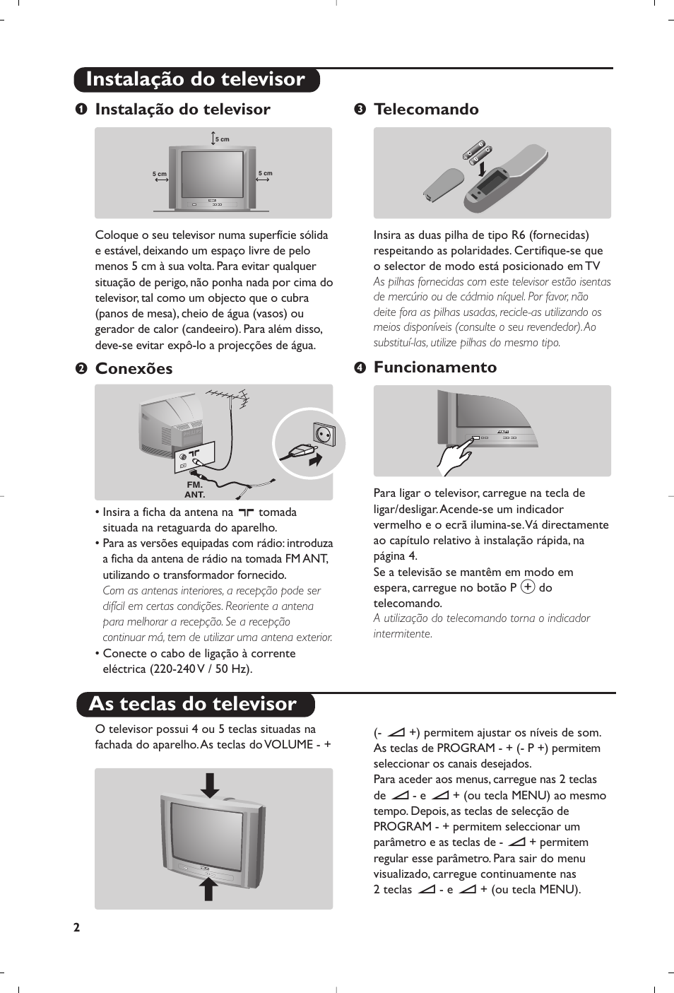 Instalação do televisor as teclas do televisor, Instalação do televisor, Conexões | Telecomando, Funcionamento | Philips televisor panorámico User Manual | Page 104 / 116