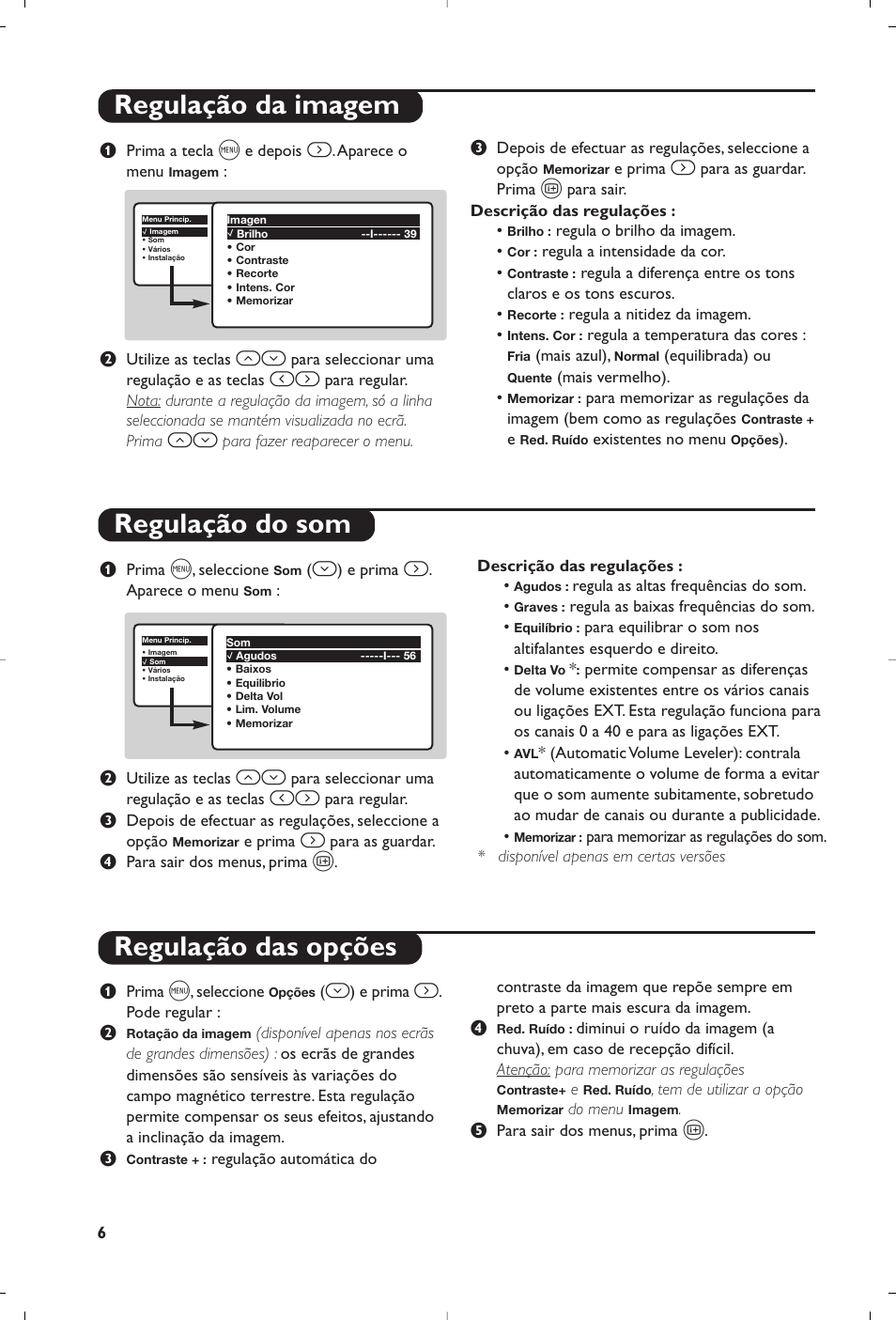 Regulação da imagem regulação do som, Regulação das opções | Philips televisor panorámico User Manual | Page 108 / 116