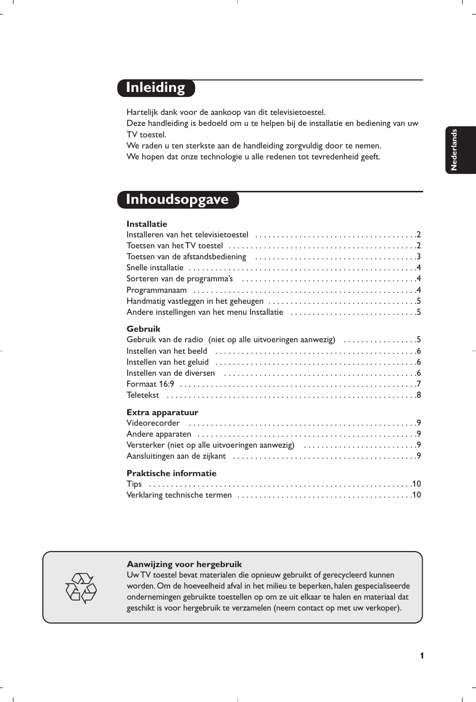 Inleiding inhoudsopgave | Philips televisor panorámico User Manual | Page 13 / 116