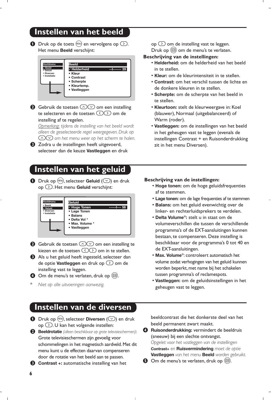 Instellen van het beeld instellen van het geluid, Instellen van de diversen | Philips televisor panorámico User Manual | Page 18 / 116