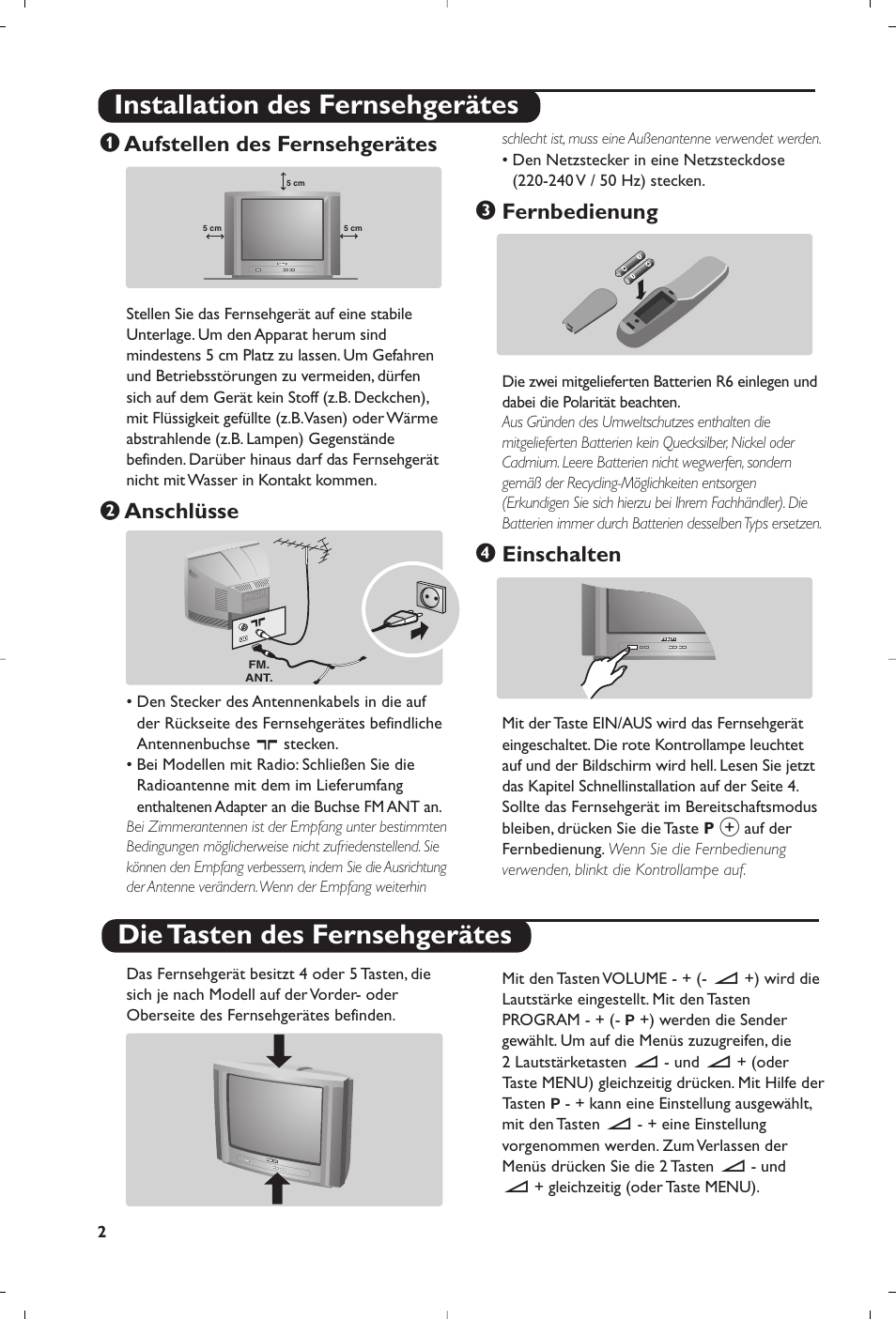Aufstellen des fernsehgerätes, Anschlüsse, Fernbedienung | Einschalten | Philips televisor panorámico User Manual | Page 24 / 116