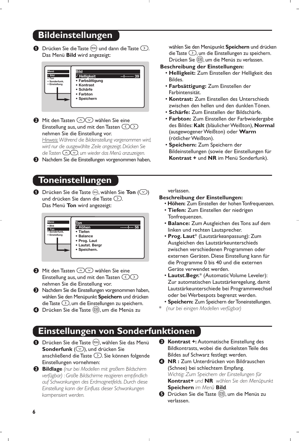 Bildeinstellungen toneinstellungen, Einstellungen von sonderfunktionen | Philips televisor panorámico User Manual | Page 28 / 116