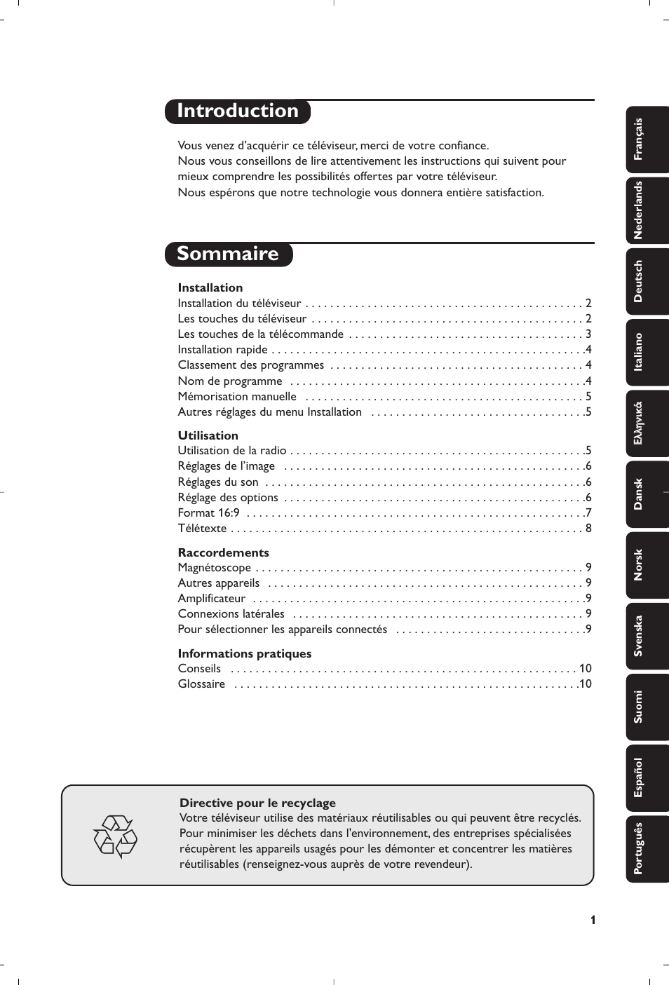 Introduction sommaire | Philips televisor panorámico User Manual | Page 3 / 116