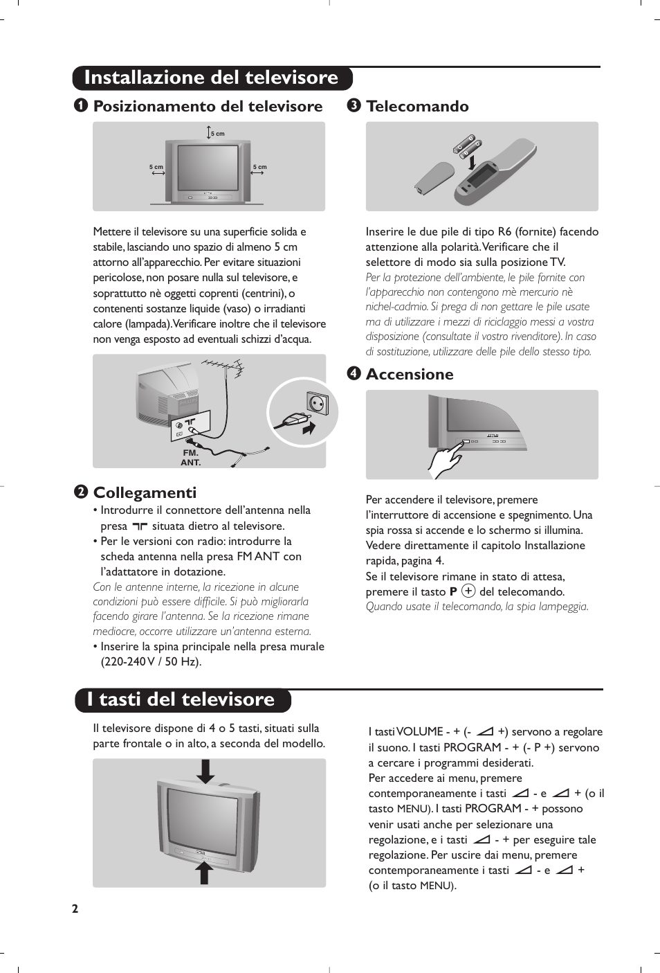 Posizionamento del televisore, Collegamenti, Telecomando | Accensione | Philips televisor panorámico User Manual | Page 34 / 116