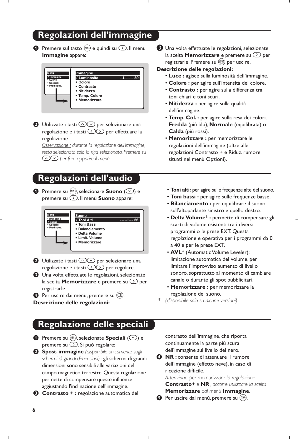 Regolazioni dell’immagine regolazioni dell’audio, Regolazione delle speciali | Philips televisor panorámico User Manual | Page 38 / 116