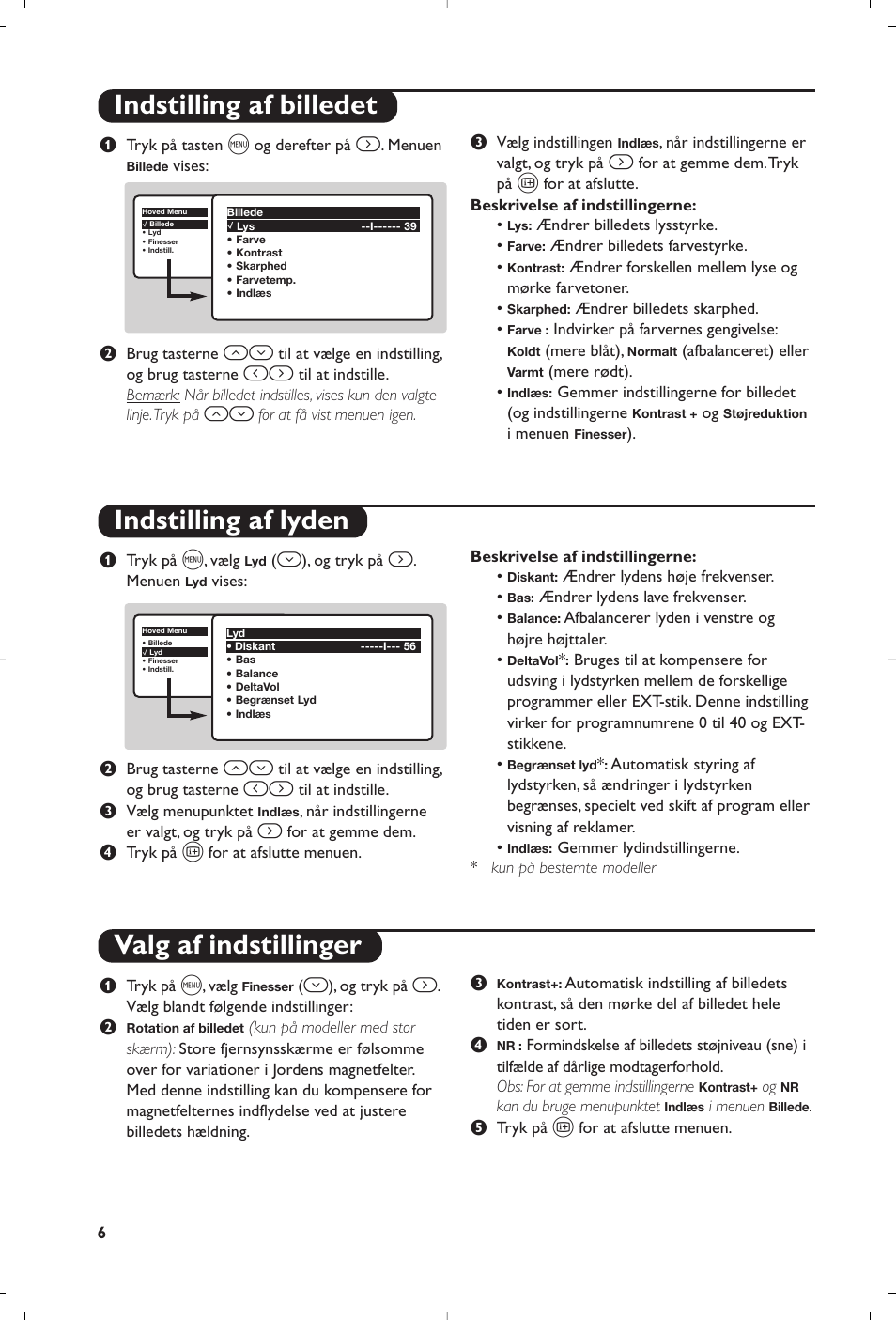 Indstilling af billedet indstilling af lyden, Valg af indstillinger | Philips televisor panorámico User Manual | Page 58 / 116