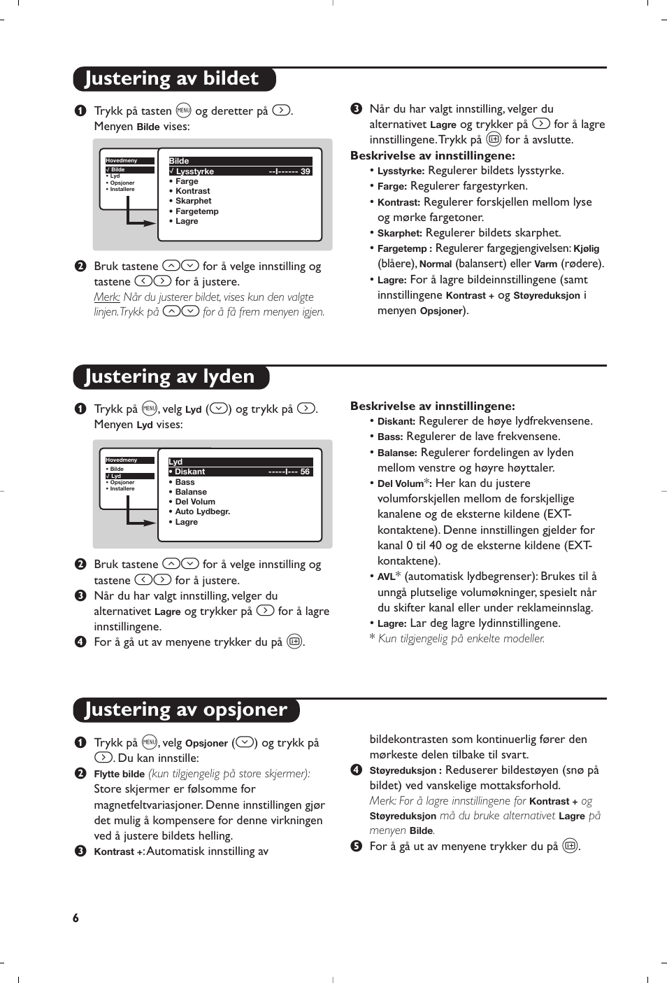 Justering av bildet justering av lyden, Justering av opsjoner | Philips televisor panorámico User Manual | Page 68 / 116
