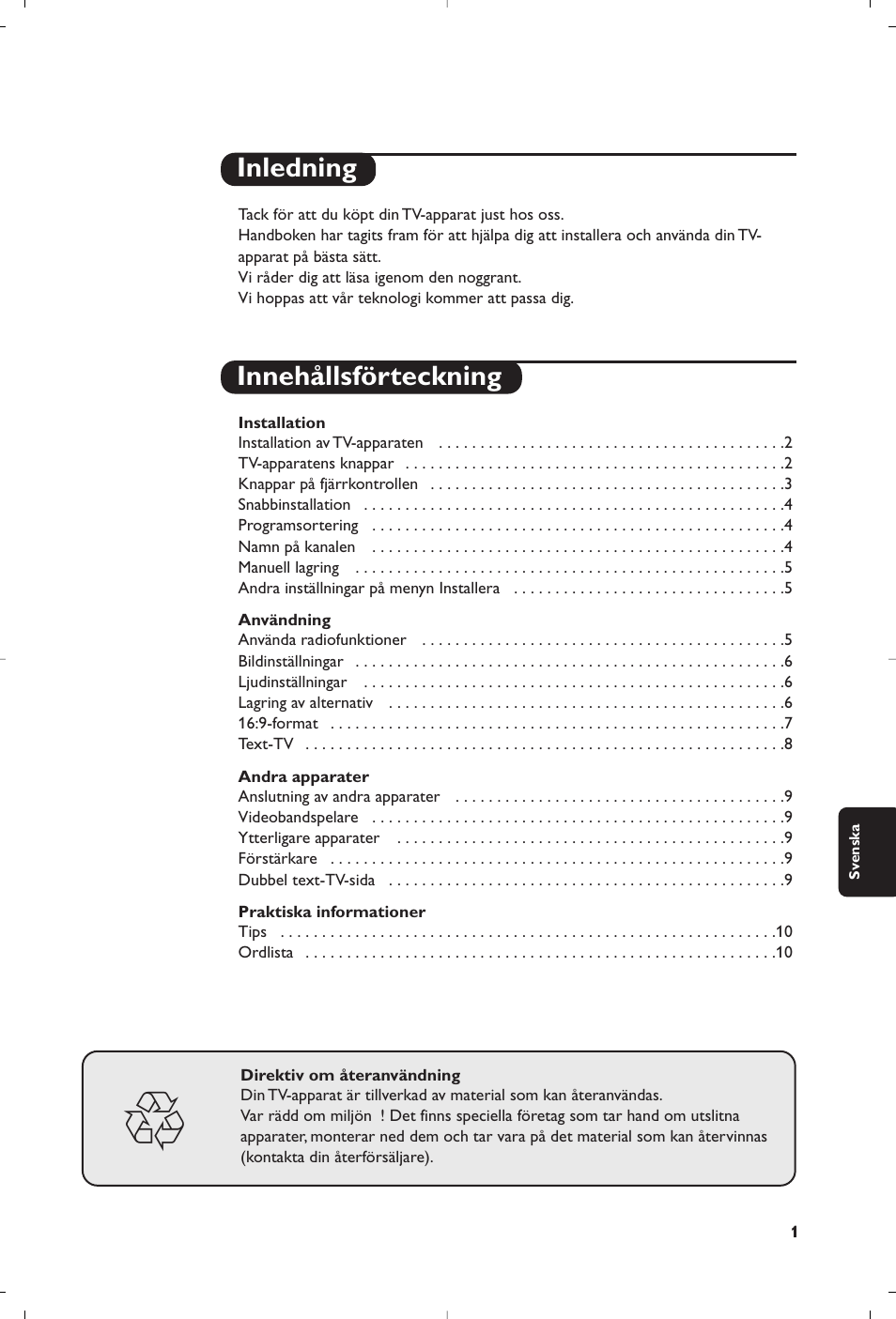 Inledning innehållsförteckning | Philips televisor panorámico User Manual | Page 73 / 116