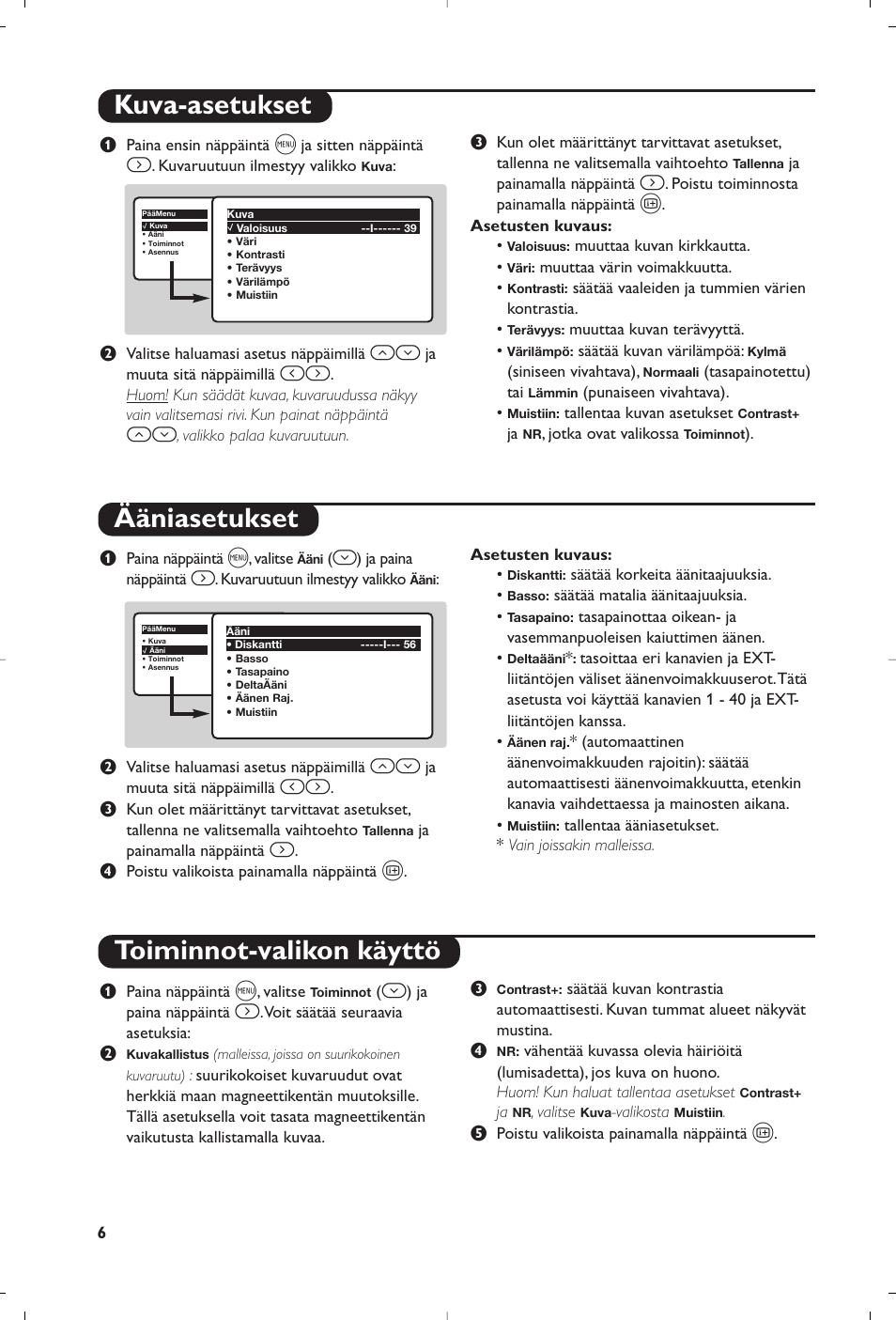 Kuva-asetukset ääniasetukset, Toiminnot-valikon käyttö | Philips televisor panorámico User Manual | Page 88 / 116