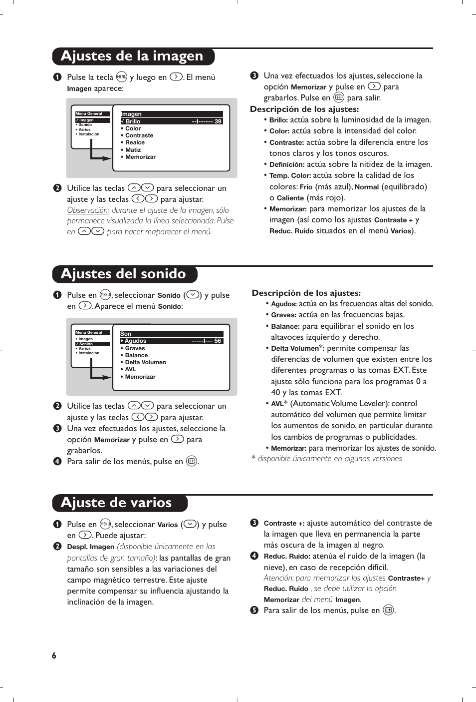 Ajustes de la imagen ajustes del sonido, Ajuste de varios | Philips televisor panorámico User Manual | Page 98 / 116