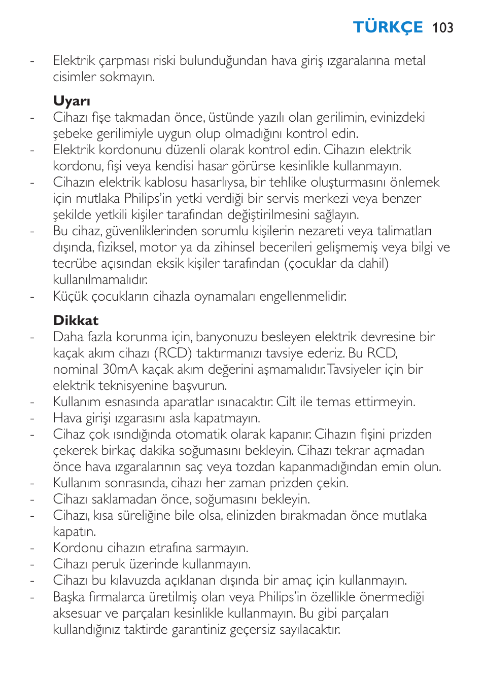 Uyarı, Dikkat | Philips Moldeador User Manual | Page 103 / 112