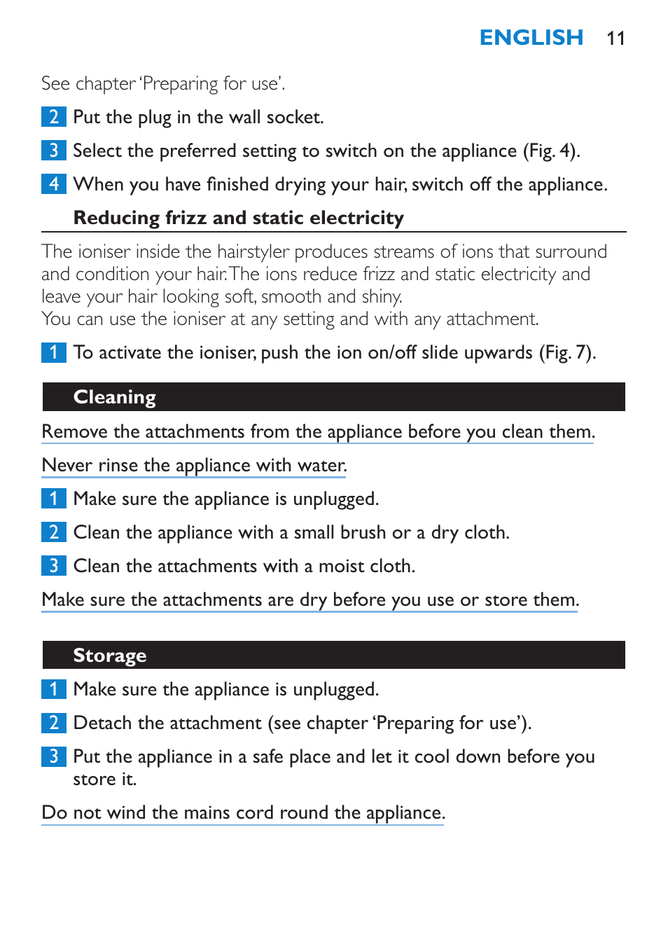 Reducing frizz and static electricity, Cleaning, Storage | Philips Moldeador User Manual | Page 11 / 112