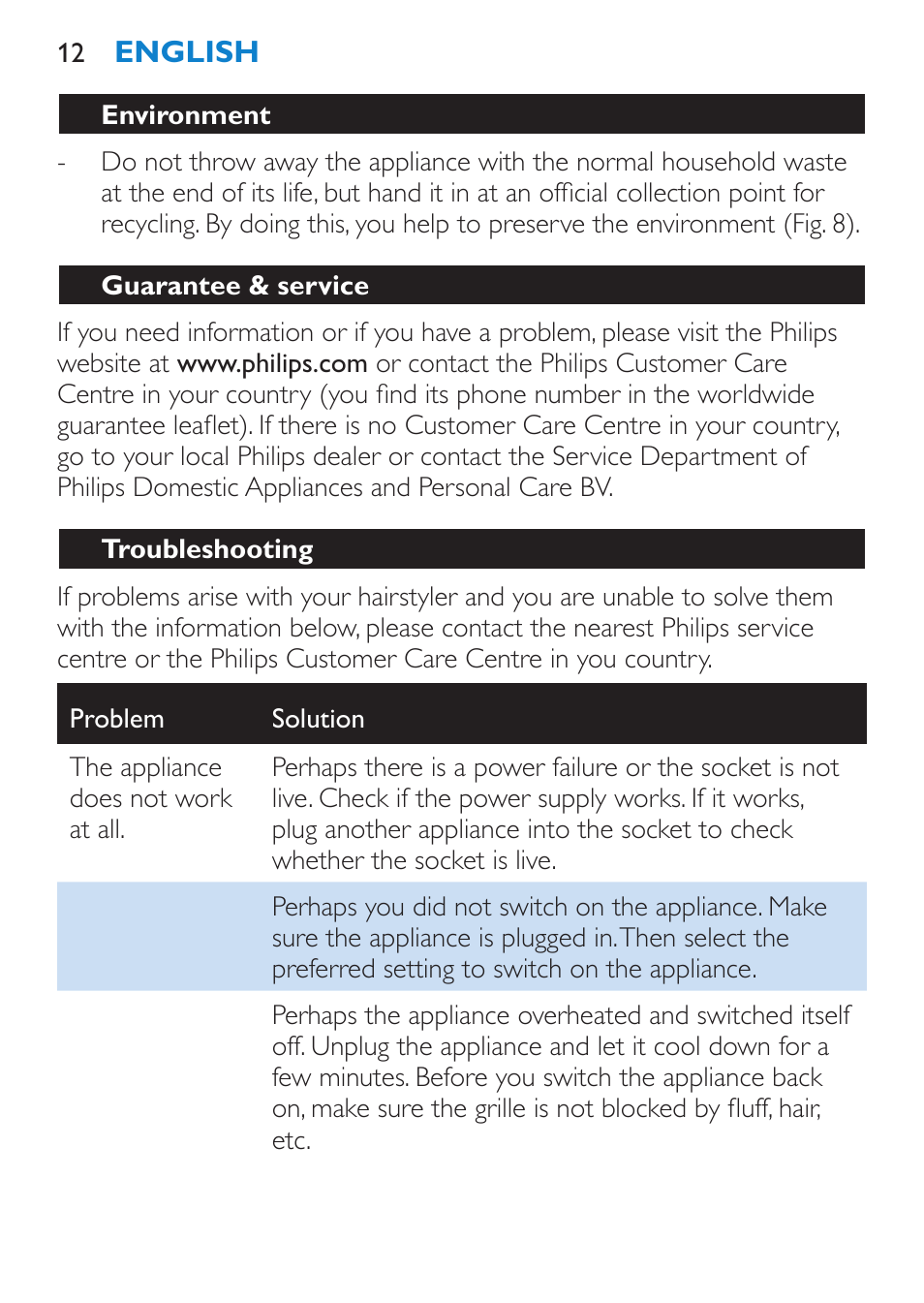 Environment, Guarantee & service, Troubleshooting | Philips Moldeador User Manual | Page 12 / 112