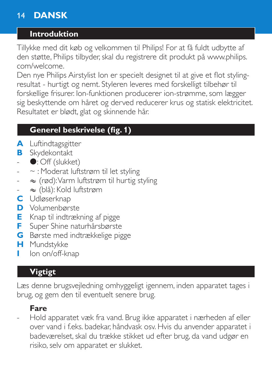 Fare, Dansk, Introduktion | Generel beskrivelse (fig. 1), Vigtigt | Philips Moldeador User Manual | Page 14 / 112