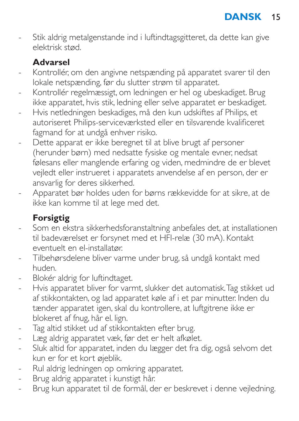 Advarsel, Forsigtig | Philips Moldeador User Manual | Page 15 / 112