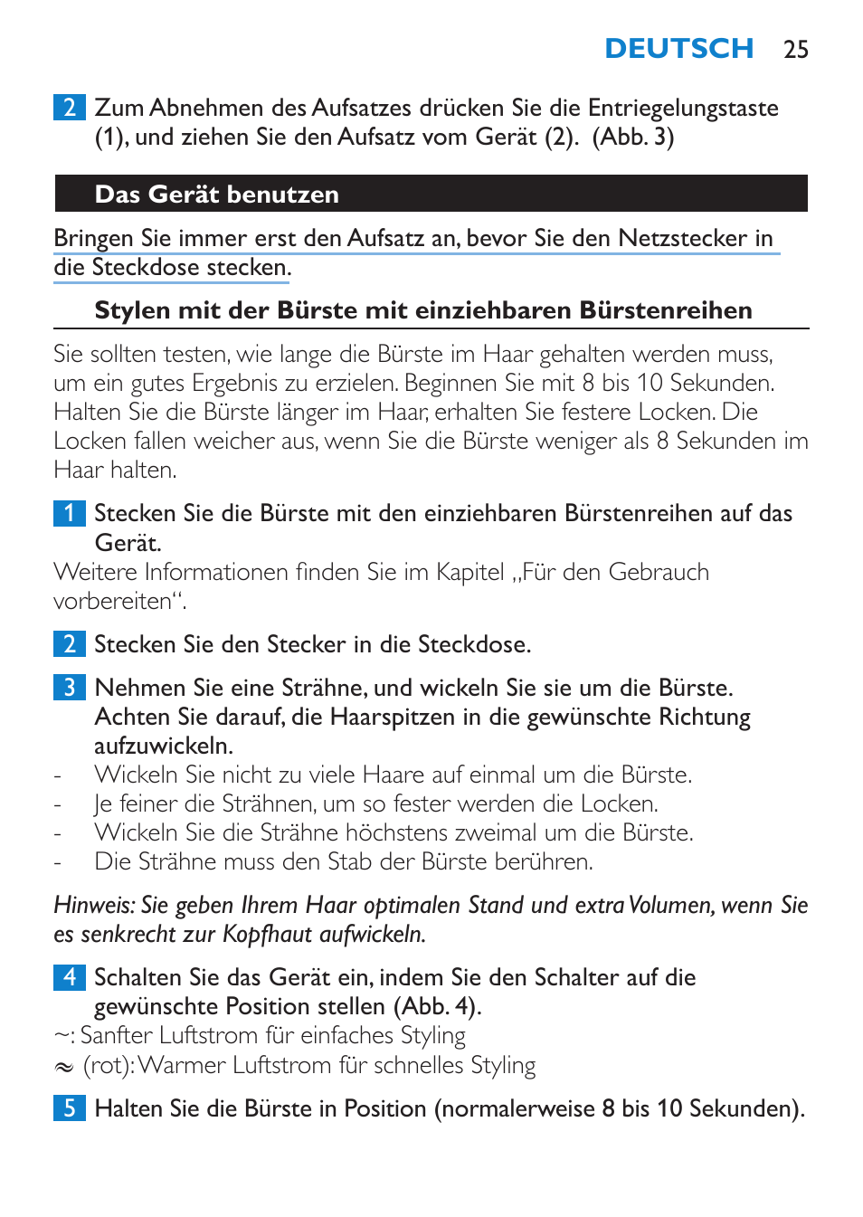 Das gerät benutzen | Philips Moldeador User Manual | Page 25 / 112