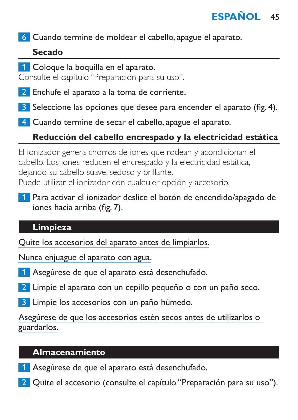 Secado, Limpieza, Almacenamiento | Philips Moldeador User Manual | Page 45 / 112