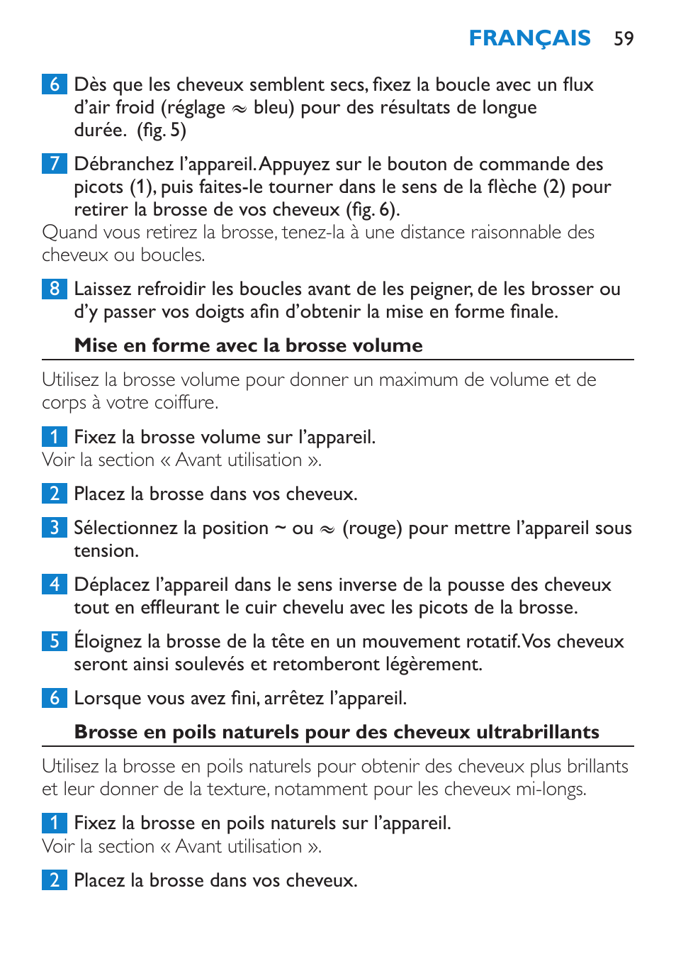 Mise en forme avec la brosse volume | Philips Moldeador User Manual | Page 59 / 112