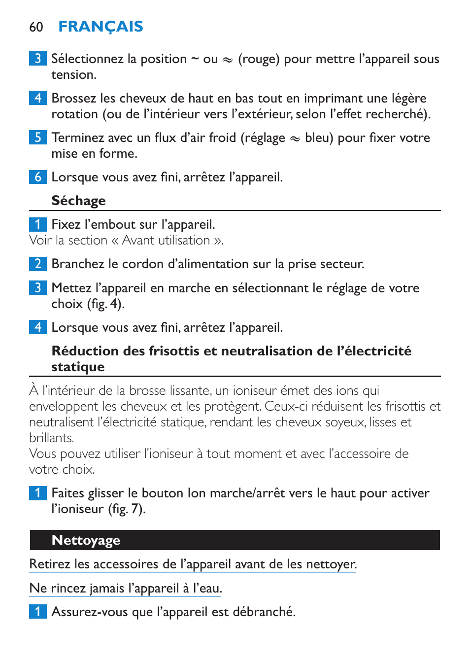 Séchage, Nettoyage | Philips Moldeador User Manual | Page 60 / 112